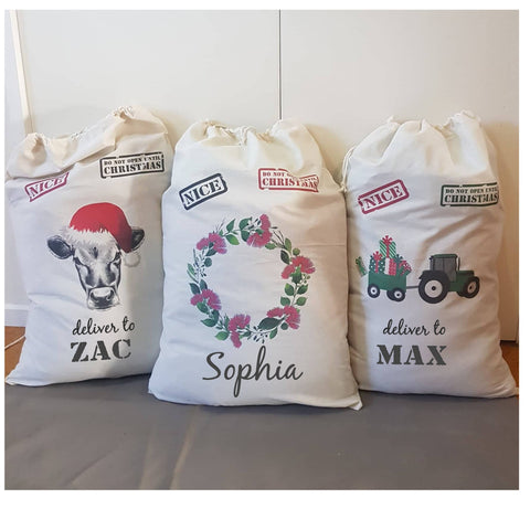 Handmade Personalised Santa Sacks in Calico 10 designs